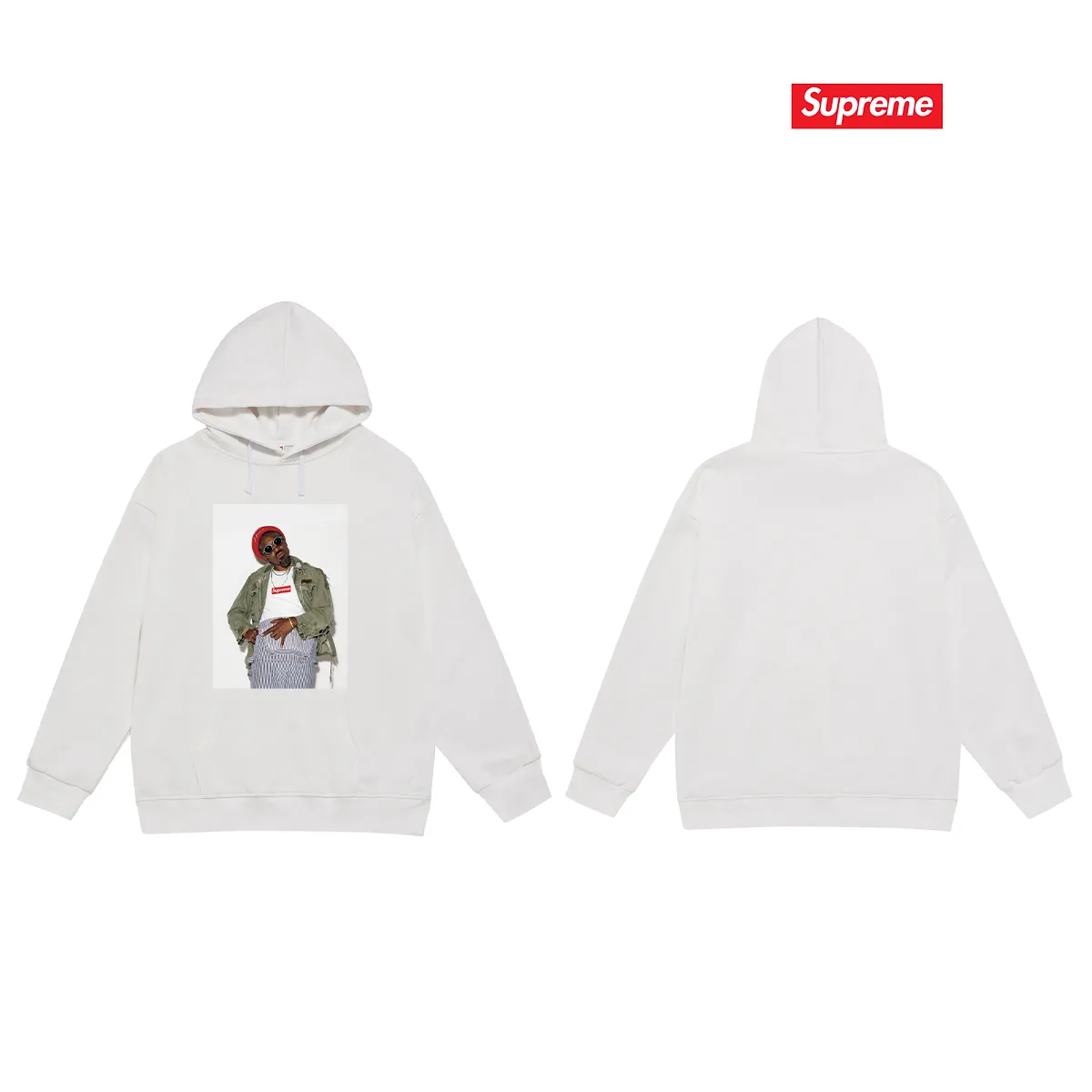 Style No. S2056 #terry P160💰 Velvet P170💰 Supreme FW22 Week1 André 3000 Tee André Benjamin photo character pattern printed hooded sweatshirt Made of 400g large terry 430g silver fox velvet (drop shoulder large version) fabric, soft texture and no pilling, imported environmentally friendly printing glue, bright and three-dimensional pattern, quality 💥 Unisex style, the upper body is trendy Color: Black White Gray Size: S M L XL XXL