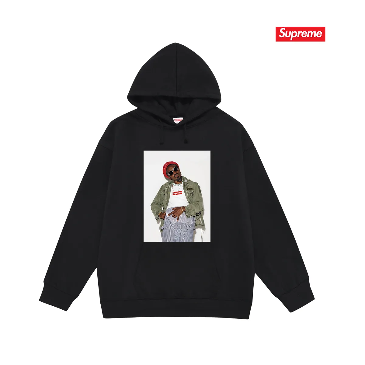 Style No. S2056 #terry P160💰 Velvet P170💰 Supreme FW22 Week1 André 3000 Tee André Benjamin photo character pattern printed hooded sweatshirt Made of 400g large terry 430g silver fox velvet (drop shoulder large version) fabric, soft texture and no pilling, imported environmentally friendly printing glue, bright and three-dimensional pattern, quality 💥 Unisex style, the upper body is trendy Color: Black White Gray Size: S M L XL XXL