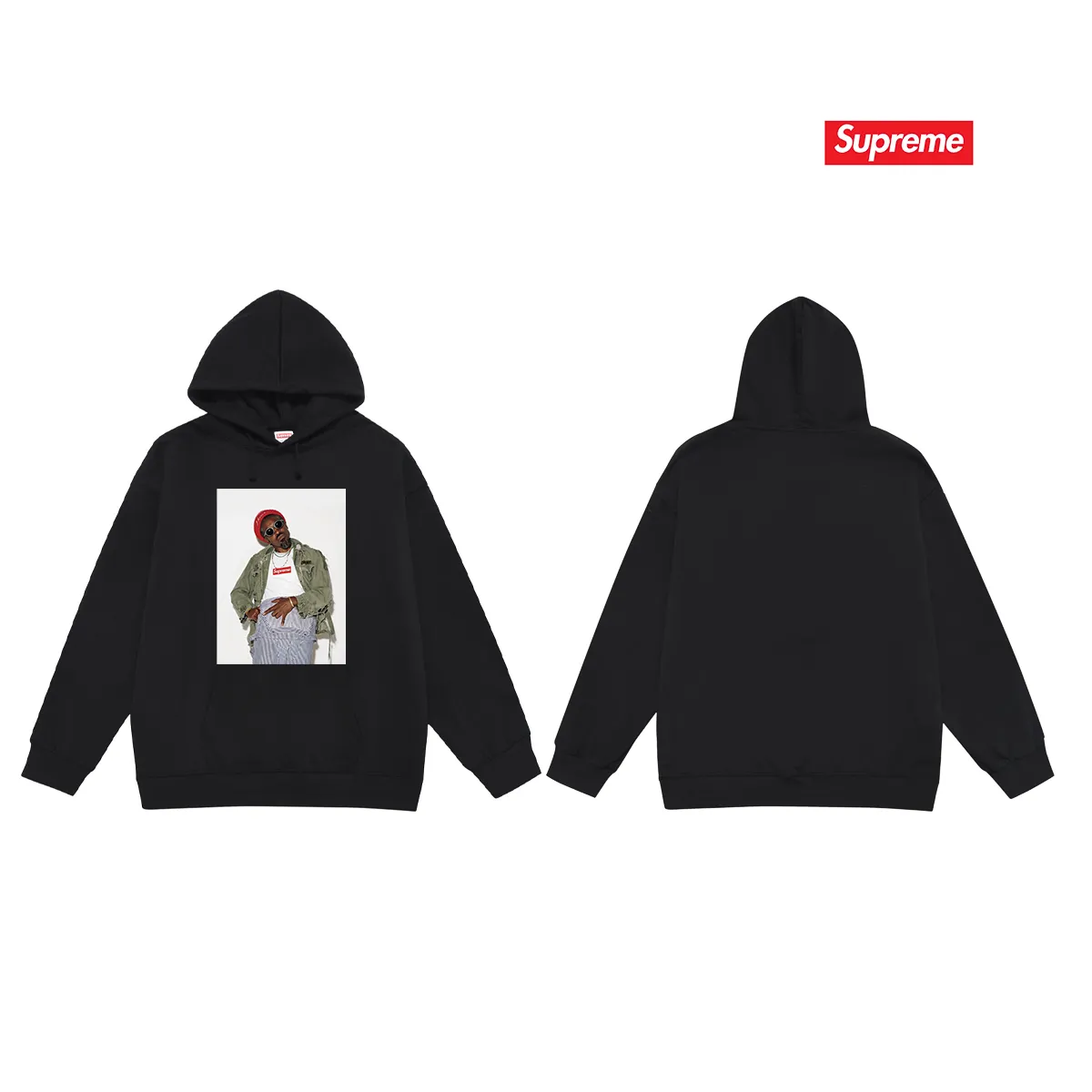 Style No. S2056 #terry P160💰 Velvet P170💰 Supreme FW22 Week1 André 3000 Tee André Benjamin photo character pattern printed hooded sweatshirt Made of 400g large terry 430g silver fox velvet (drop shoulder large version) fabric, soft texture and no pilling, imported environmentally friendly printing glue, bright and three-dimensional pattern, quality 💥 Unisex style, the upper body is trendy Color: Black White Gray Size: S M L XL XXL