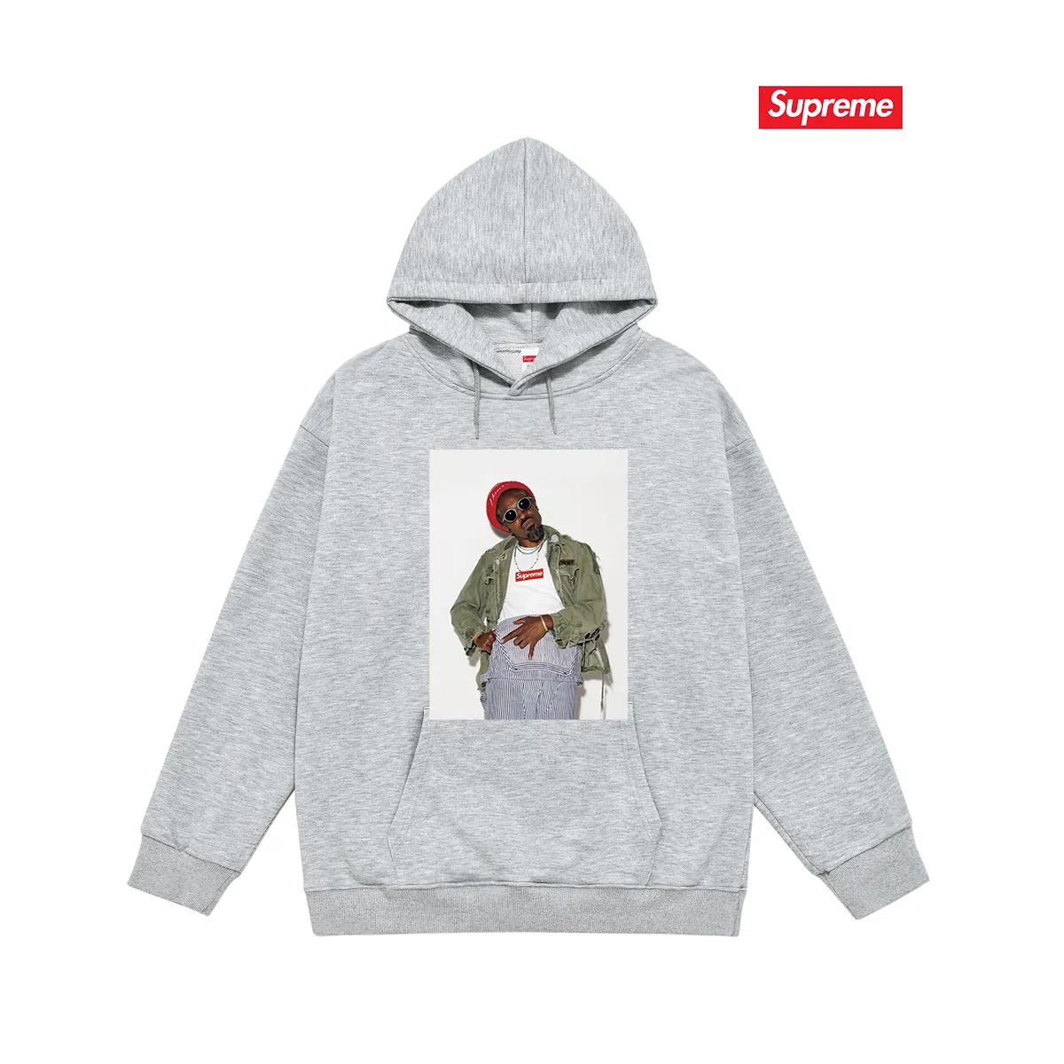 Style No. S2056 #terry P160💰 Velvet P170💰 Supreme FW22 Week1 André 3000 Tee André Benjamin photo character pattern printed hooded sweatshirt Made of 400g large terry 430g silver fox velvet (drop shoulder large version) fabric, soft texture and no pilling, imported environmentally friendly printing glue, bright and three-dimensional pattern, quality 💥 Unisex style, the upper body is trendy Color: Black White Gray Size: S M L XL XXL