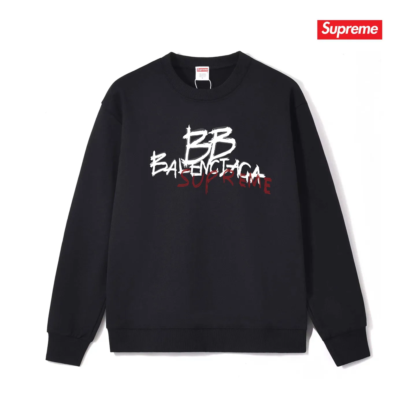 Style No. S1063 #terryp150💰 Plush 160💰 Balenciaga co-branded supreme round neck sweatshirt Made of 400g large terry (drop shoulder large version) fabric, soft texture and no pilling Imported environmentally friendly printing glue The pattern is bright and three-dimensional Quality💥Same style for men and women The upper body is trendy Color: black white gray Size: S M L XL XXL