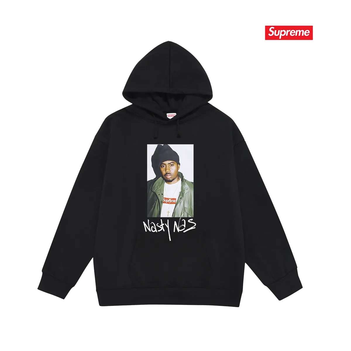 Style No. S2114 #terry P160💰 Velvet P170💰 Supreme FW17 Nas Tee Black rapper pattern unisex hooded sweatshirt Made of 400g large terry 430g silver fox velvet (drop shoulder large version) fabric, soft texture and no pilling Imported environmentally friendly printing glue The pattern is bright and three-dimensional Quality 💥 Unisex style The upper body is trendy Color: black white gray Size: S M L XL XXL