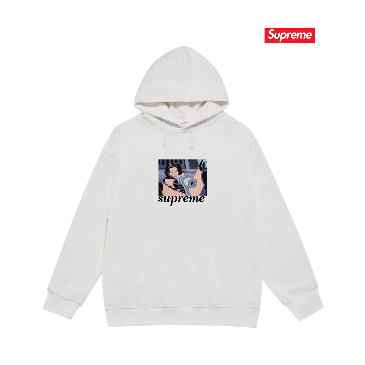 Style No. S2097 #terry P160💰 Velvet P170💰 Supreme SS22 Week6 xAeon Flux joint model Gun Tee magic female warrior cartoon letter printed hooded sweatshirt Made of 400g large terry 430g silver fox velvet (drop shoulder large version) fabric, soft texture and no pilling, imported environmentally friendly printing glue, bright three-dimensional pattern, quality 💥 Unisex style, the upper body is trendy Color: Black White Gray Size: S M L XL XXL