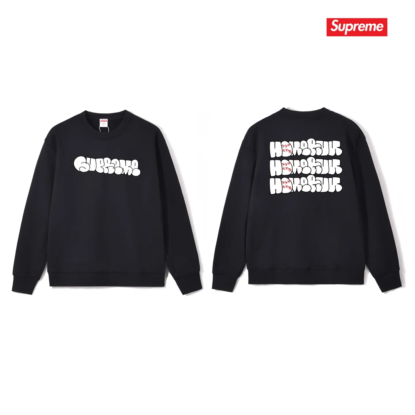Style No. S1151 #terry p150💰 Velvet 160💰 Supreme 25SS HOMERUN co-branded round neck sweatshirt Made of 400g large terry (drop shoulder large version) fabric, soft texture and no pilling Imported environmentally friendly printing glue The pattern is bright and three-dimensional Quality 💥Same style for men and women The upper body is fashionable Color: black white gray Size: S M L XL XXL