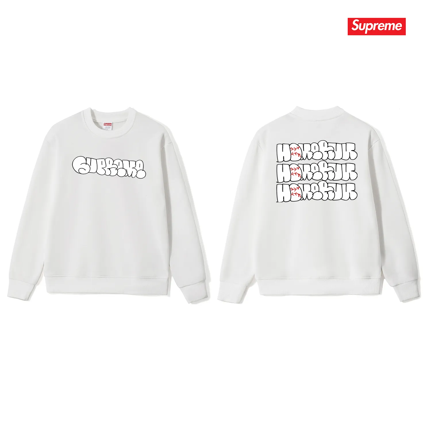 Style No. S1151 #terry p150💰 Velvet 160💰 Supreme 25SS HOMERUN co-branded round neck sweatshirt Made of 400g large terry (drop shoulder large version) fabric, soft texture and no pilling Imported environmentally friendly printing glue The pattern is bright and three-dimensional Quality 💥Same style for men and women The upper body is fashionable Color: black white gray Size: S M L XL XXL