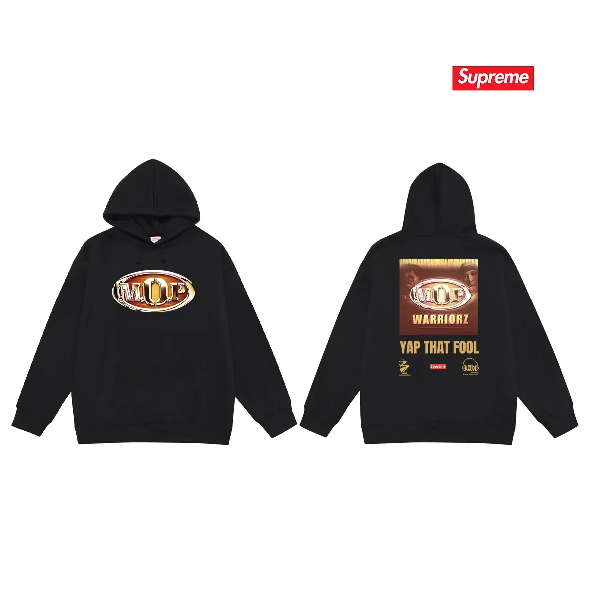 Style No. S2231 #terry P160💰 Velvet P170💰 Supreme 24FW MOP Hooded rap group co-branded hooded sweatshirt. Made of 400g large terry 430g silver fox velvet (off-shoulder large version) fabric. The texture is soft and non-pilling. Imported environmentally friendly printing glue. The pattern is bright and three-dimensional. Quality💥Same style for men and women. The upper body is trendy. Color: black white gray Size: S M L XL XXL