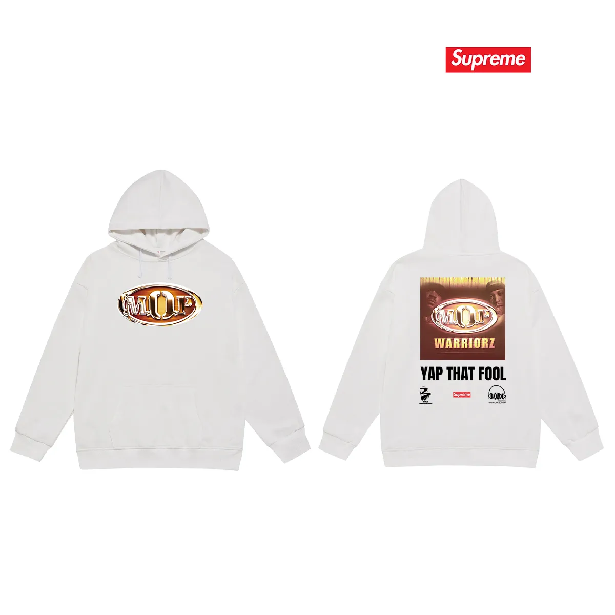 Style No. S2231 #terry P160💰 Velvet P170💰 Supreme 24FW MOP Hooded rap group co-branded hooded sweatshirt. Made of 400g large terry 430g silver fox velvet (off-shoulder large version) fabric. The texture is soft and non-pilling. Imported environmentally friendly printing glue. The pattern is bright and three-dimensional. Quality💥Same style for men and women. The upper body is trendy. Color: black white gray Size: S M L XL XXL