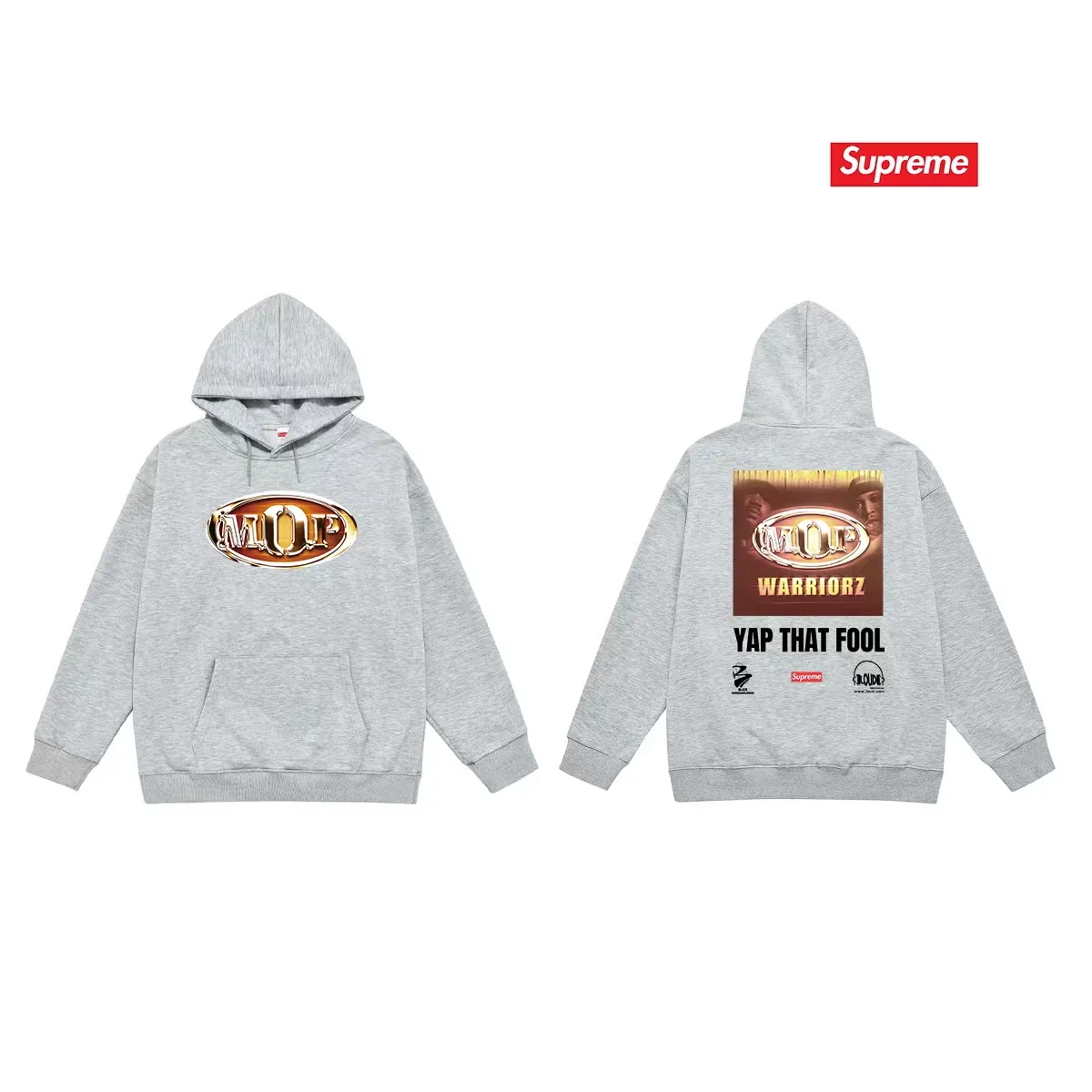 Style No. S2231 #terry P160💰 Velvet P170💰 Supreme 24FW MOP Hooded rap group co-branded hooded sweatshirt. Made of 400g large terry 430g silver fox velvet (off-shoulder large version) fabric. The texture is soft and non-pilling. Imported environmentally friendly printing glue. The pattern is bright and three-dimensional. Quality💥Same style for men and women. The upper body is trendy. Color: black white gray Size: S M L XL XXL