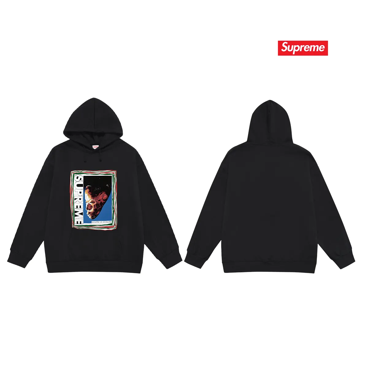 Style No. S2096 #terry P160💰 Velvet P170💰 Supreme SS22 Week 19 Mask Tee letter mask pattern printed hooded sweatshirt Made of 400g large terry 430g silver fox velvet (off-shoulder large version) fabric, soft and non-pilling texture, imported environmentally friendly printing glue, bright and three-dimensional pattern, quality 💥Same style for men and women. The upper body is trendy. Color: black white gray Size: S M L XL XXL