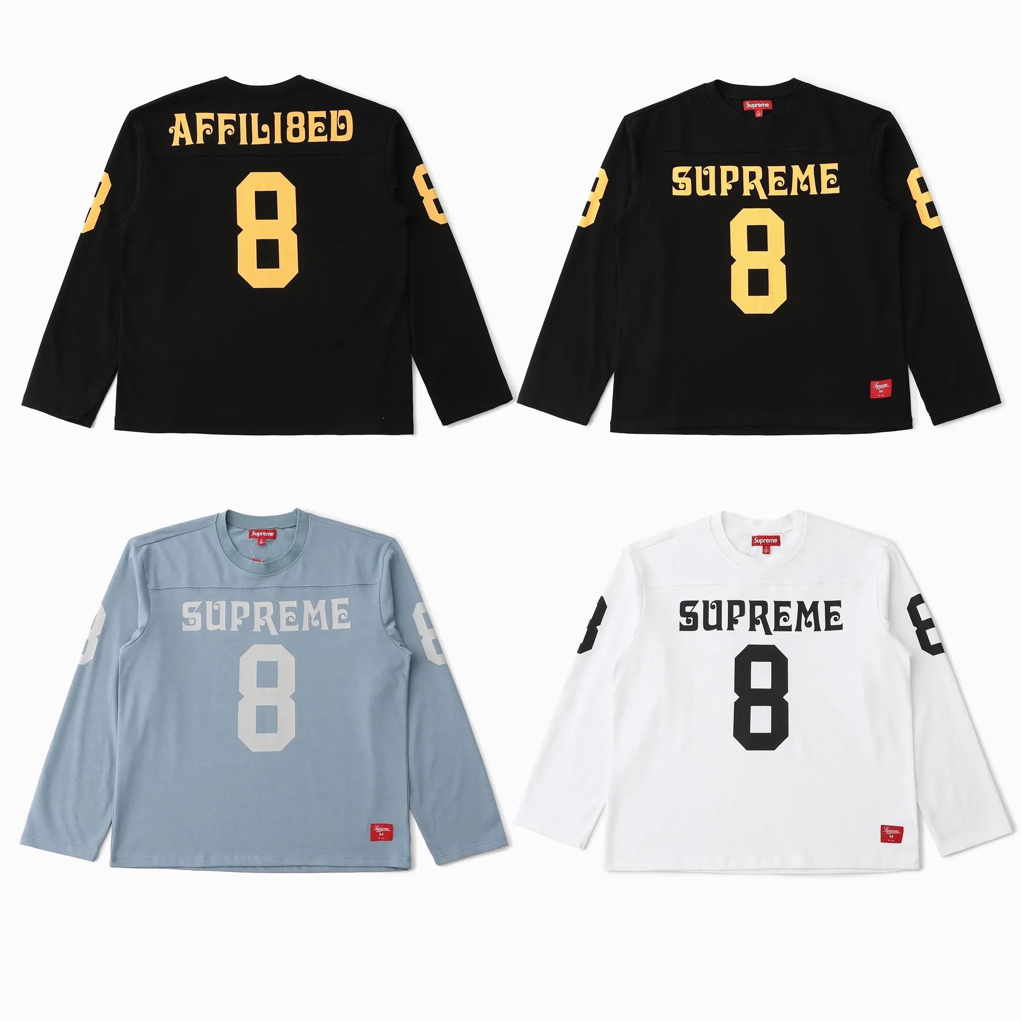 🅿️240 S292 SUPREME SS25 AFFILIATED L/S FOOTBALL TOP American size 8 Sanskrit font long-sleeved T-shirt Original quality, consistent details, knitted fabric, non-cotton fabric, good feel Color: black white Size: S M L XL (172 120 wear S) S Bust 55 Length 66 Shoulder width 47 Sleeve length 57 M Chest 57 Dress length 68 Shoulder width 48 Sleeve length 58 L Chest 59 Dress length 70 Shoulder width 49 Sleeve length 59 XL Chest 62 Dress length 72 Shoulder width 50 Sleeve length 60