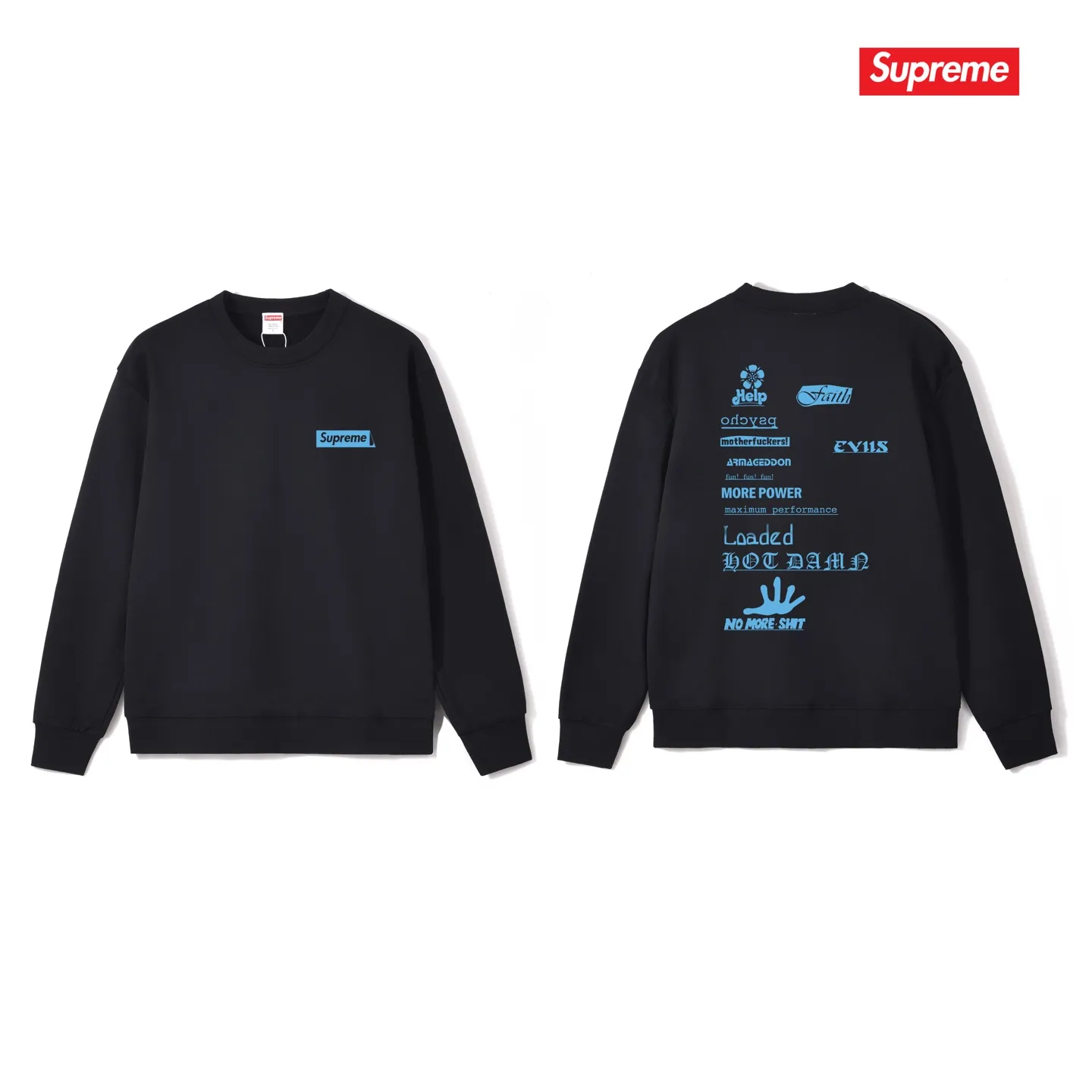Style No. S1243 #terry p150💰 Velvet 160💰 Supreme Week 17 No More Shit Tee round neck sweatshirt Made of 400g large terry (drop shoulder large version) fabric, soft texture and no pilling Imported environmentally friendly printing glue The pattern is bright and three-dimensional Quality 💥Same style for men and women The upper body is trendy Color: black white gray Size: S M L XL XXL