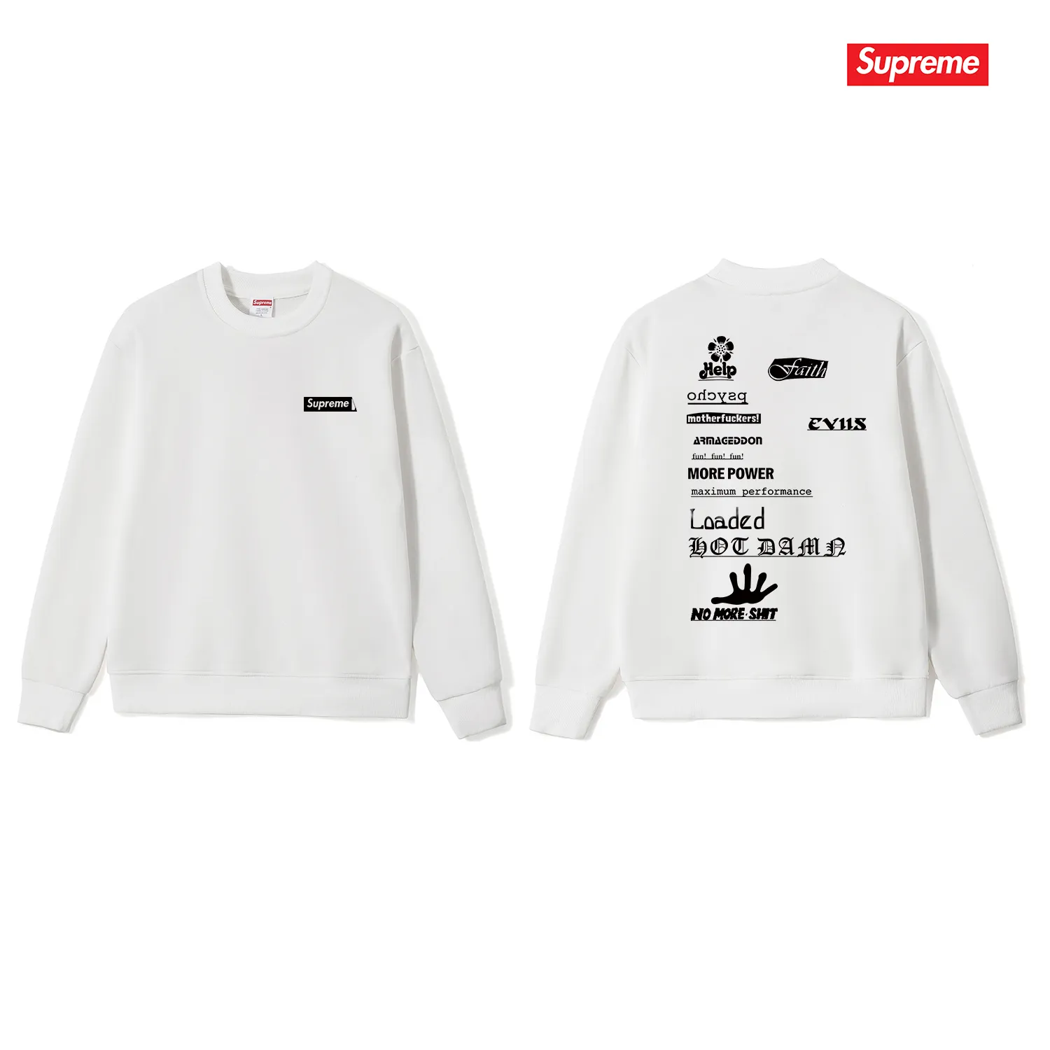 Style No. S1243 #terry p150💰 Velvet 160💰 Supreme Week 17 No More Shit Tee round neck sweatshirt Made of 400g large terry (drop shoulder large version) fabric, soft texture and no pilling Imported environmentally friendly printing glue The pattern is bright and three-dimensional Quality 💥Same style for men and women The upper body is trendy Color: black white gray Size: S M L XL XXL