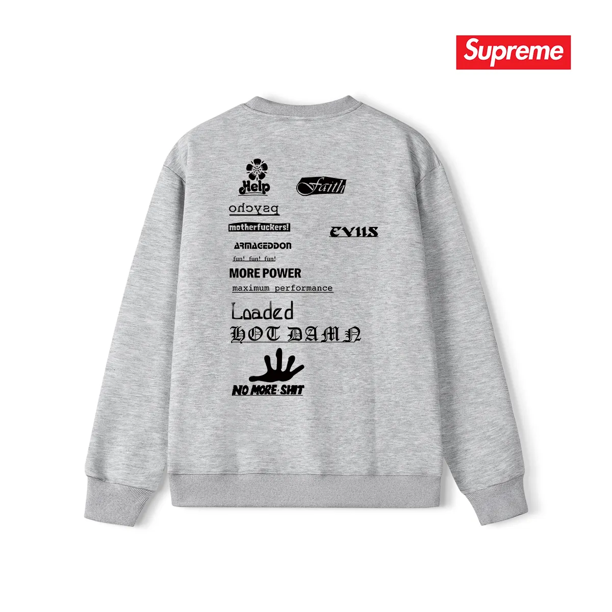 Style No. S1243 #terry p150💰 Velvet 160💰 Supreme Week 17 No More Shit Tee round neck sweatshirt Made of 400g large terry (drop shoulder large version) fabric, soft texture and no pilling Imported environmentally friendly printing glue The pattern is bright and three-dimensional Quality 💥Same style for men and women The upper body is trendy Color: black white gray Size: S M L XL XXL