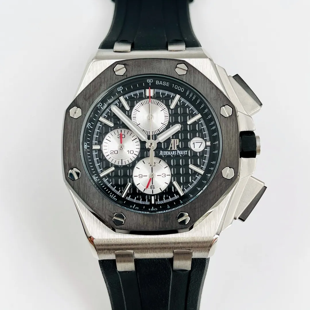 Audemars Piguet-AP Royal Oak Offshore Series After multiple processes of polishing and frosting, A.P's unique octagonal bezel is finally expressed with sharp angular lines. The built-in imported chronograph quartz movement has stable performance. The dial size is 44.7mm and the thickness is 14.7mm. The case is 316l stainless steel with super luminous light. You can grasp the time even in a dark environment. The comfortable and soft natural rubber strap makes the watch full of sporty style. Audemars Piguet entry-level watches produced by Z.W are highly recommended