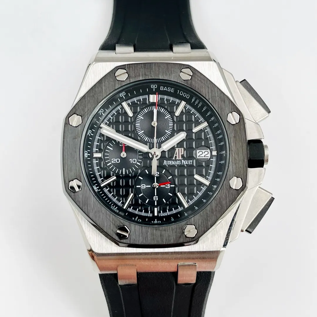 Audemars Piguet-AP Royal Oak Offshore Series After multiple processes of polishing and frosting, A.P's unique octagonal bezel is finally expressed with sharp angular lines. The built-in imported chronograph quartz movement has stable performance. The dial size is 44.7mm and the thickness is 14.7mm. The case is 316l stainless steel with super luminous light. You can grasp the time even in a dark environment. The comfortable and soft natural rubber strap makes the watch full of sporty style. Audemars Piguet entry-level watches produced by Z.W are highly recommended