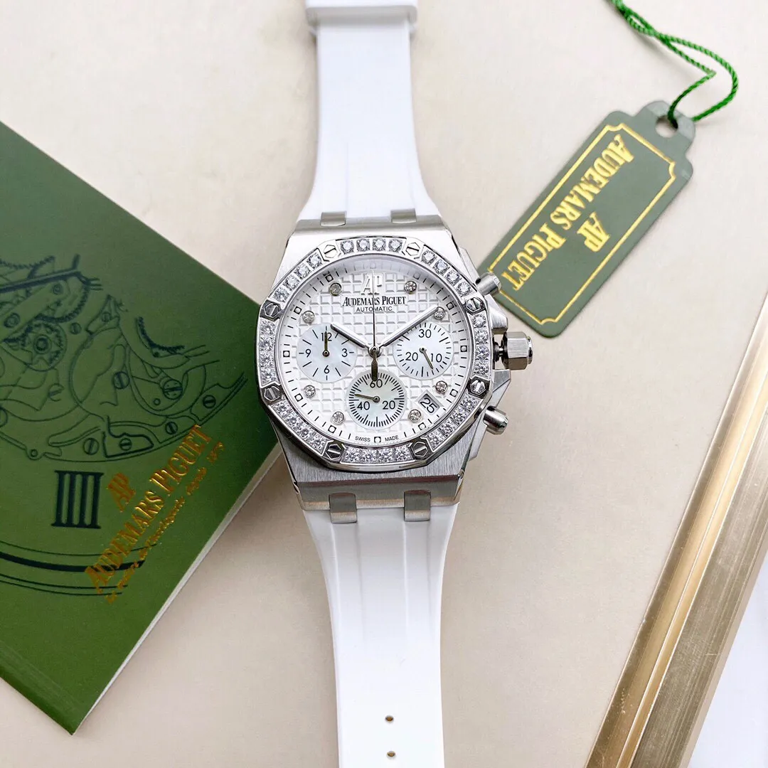 Audemars Piguet-AP-Royal Oak Offshore series, women's chronograph watch, case material 316L stainless steel inlaid with diamonds, quartz VK67, anti-glare crystal glass and Lambo glass, high-grade imported rubber belt, buckle: original folding buckle, size: 37MM*11.5MM quality assurance.