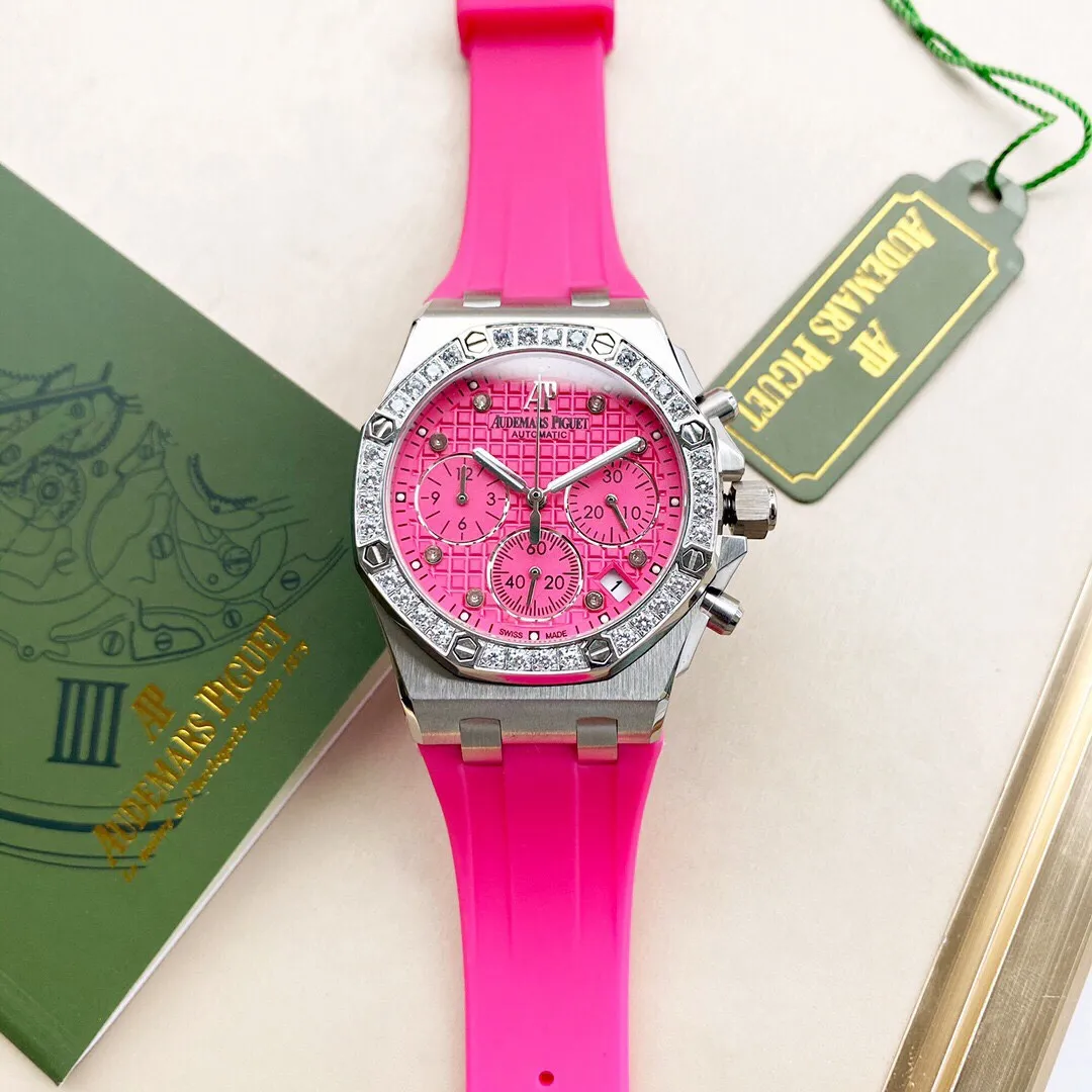 Audemars Piguet-AP-Royal Oak Offshore series, women's chronograph watch, case material 316L stainless steel inlaid with diamonds, quartz VK67, anti-glare crystal glass and Lambo glass, high-grade imported rubber belt, buckle: original folding buckle, size: 37MM*11.5MM quality assurance.