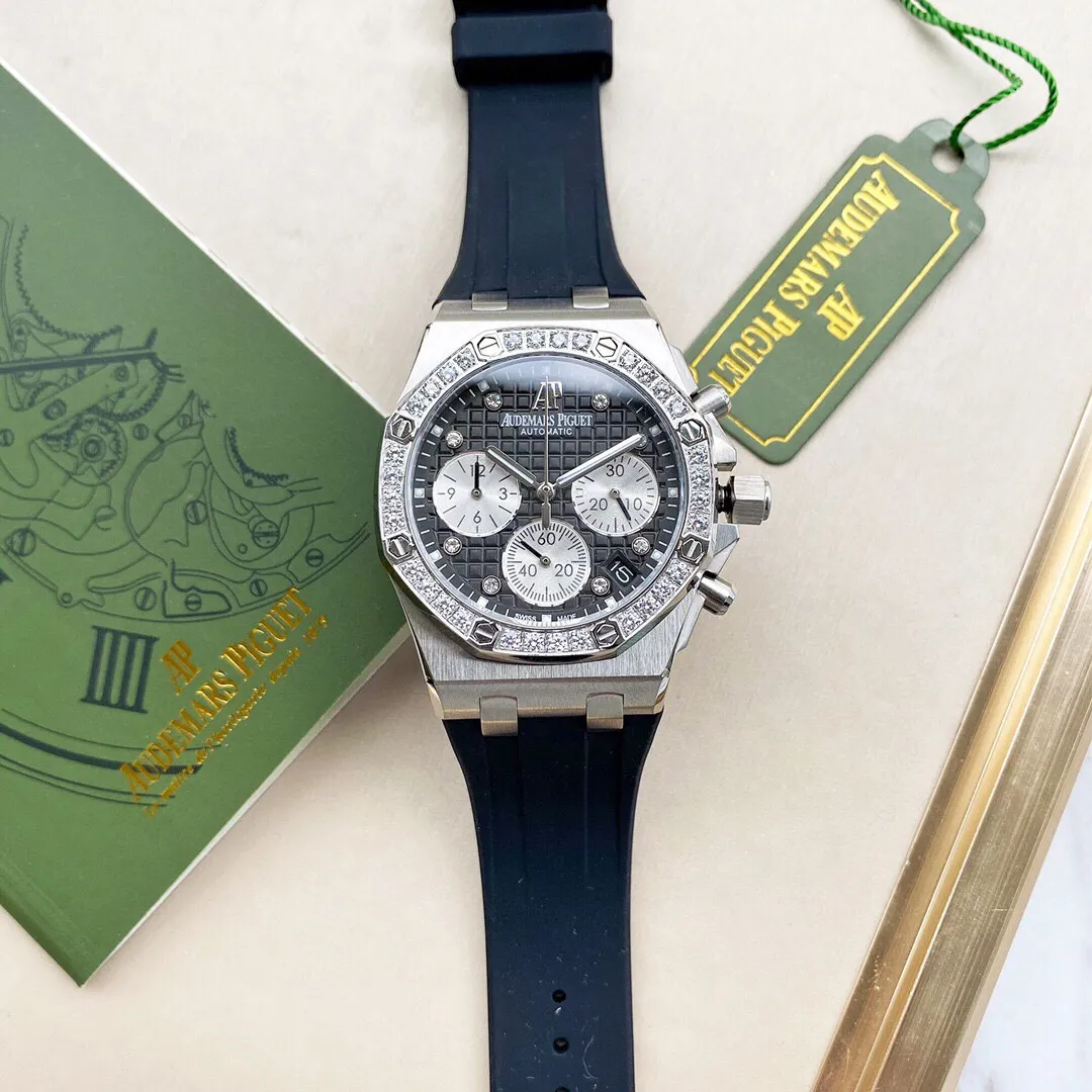 Audemars Piguet-AP-Royal Oak Offshore series, women's chronograph watch, case material 316L stainless steel inlaid with diamonds, quartz VK67, anti-glare crystal glass and Lambo glass, high-grade imported rubber belt, buckle: original folding buckle, size: 37MM*11.5MM quality assurance.