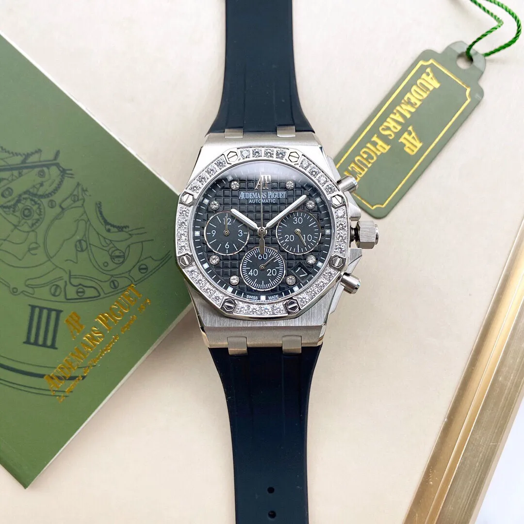 Audemars Piguet-AP-Royal Oak Offshore series, women's chronograph watch, case material 316L stainless steel inlaid with diamonds, quartz VK67, anti-glare crystal glass and Lambo glass, high-grade imported rubber belt, buckle: original folding buckle, size: 37MM*11.5MM quality assurance.