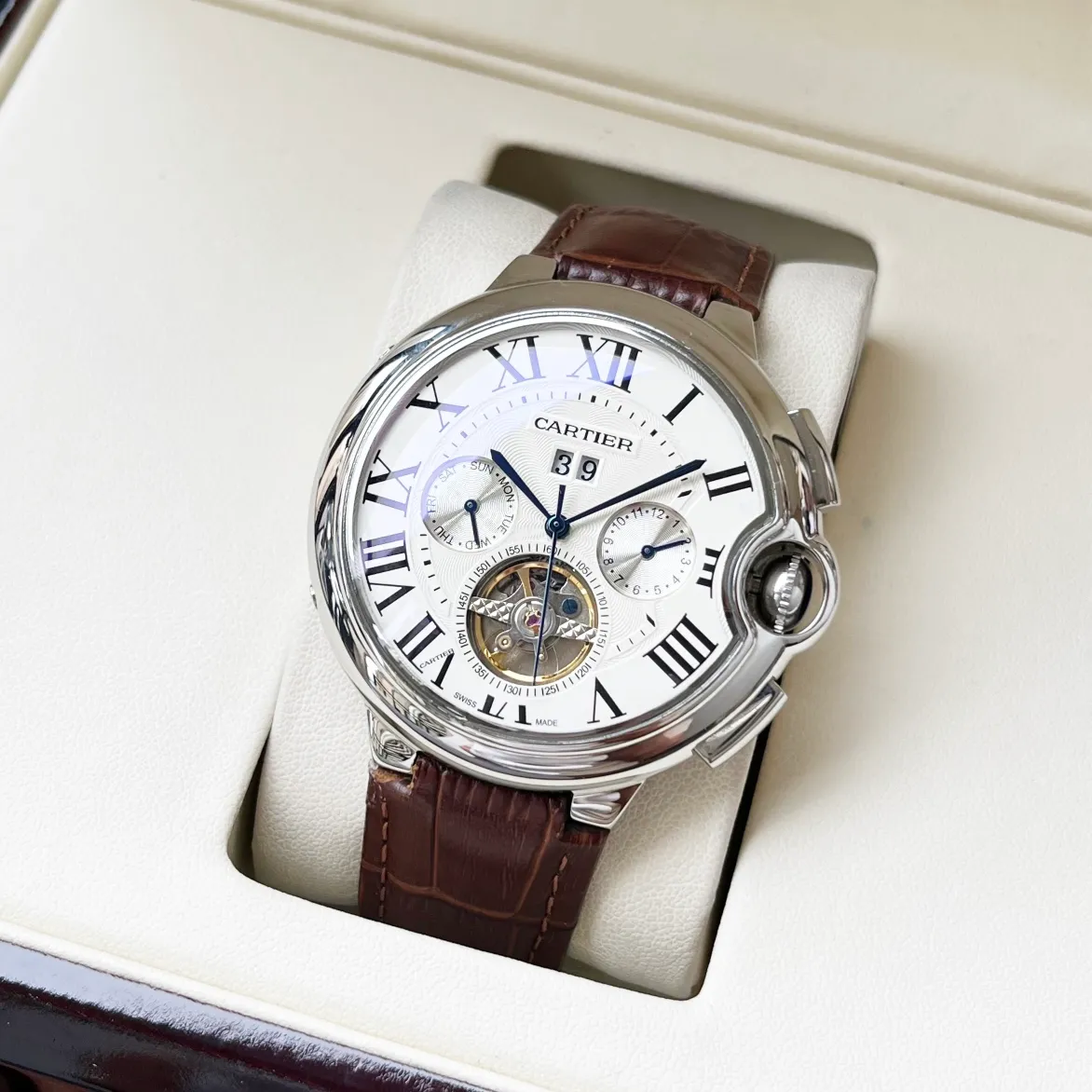 【Customized all-in-one machine】💰1520! Cartier men's watch, fully automatic imported Citizen 9015 all-in-one mechanical movement, sapphire mirror glass, 316L stainless steel case, calfskin leather strap, fashionable and casual, business essentials, size: diameter 44mm, thickness 12mm
