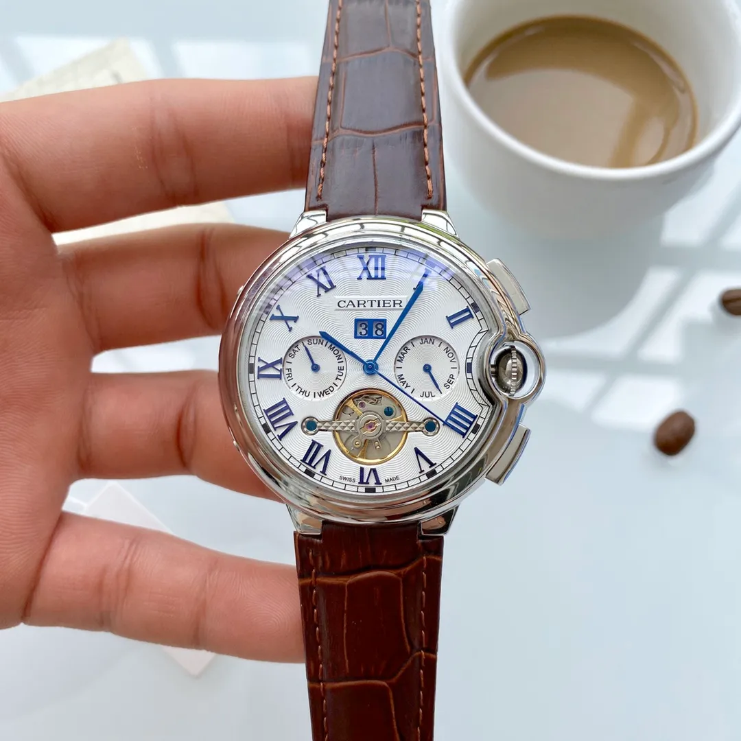 【Foreign trade import】💰1680! Cartier (Exquisite quality, outstanding debut) 🎉🎉 [Type]: Boutique men's watch (top-level) exquisite [Strap]: Made of genuine cowhide leather strap (durable) [Movement]: Top-level mechanical movement (stable) [Material]: Mineral super strong mirror (higher definition) Exquisite quality and generous style, excellent temperament, wise and exclusive [Size]: 43mm diameter, 12mm thick, hot sale! Welcome to reprint!