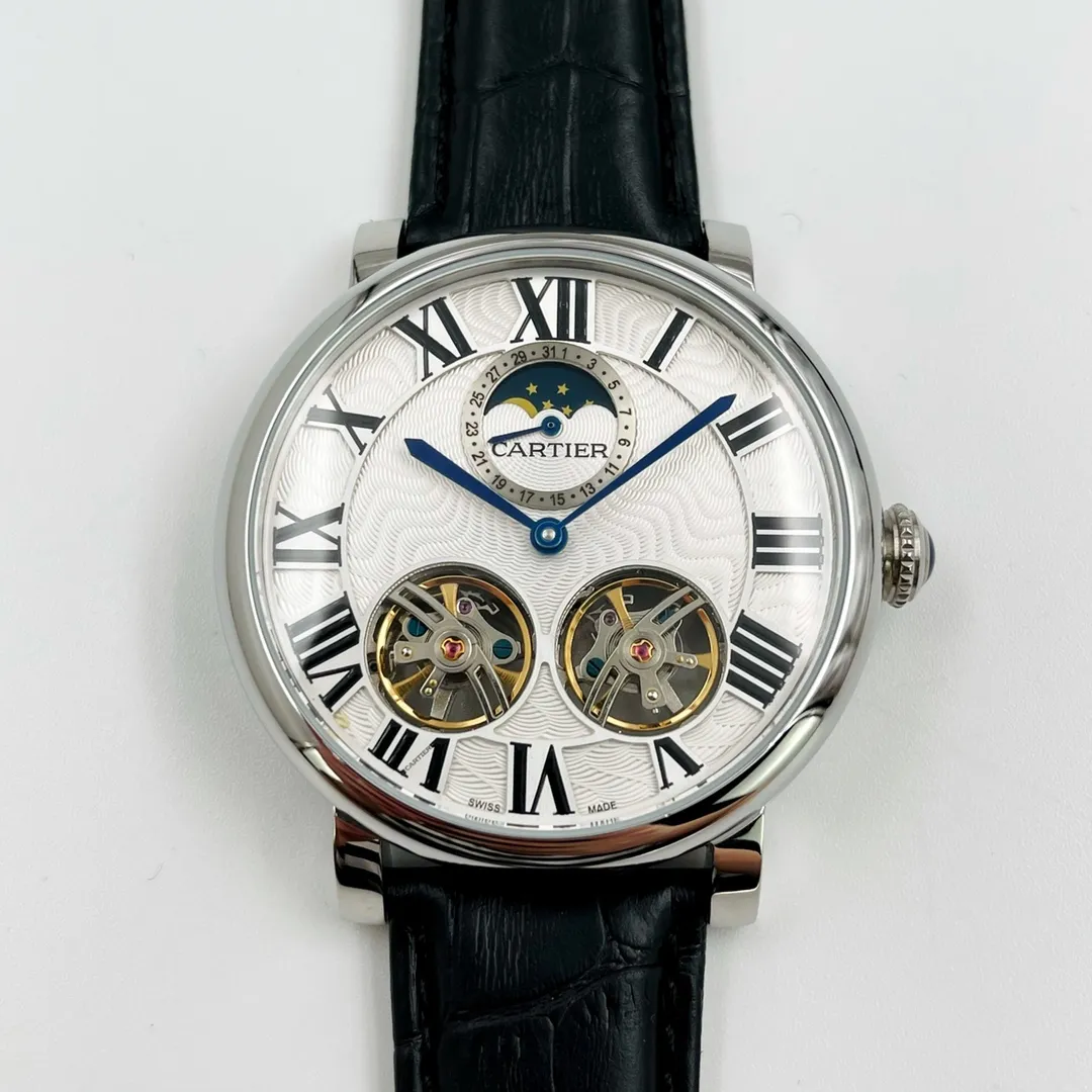 【Foreign Trade Import】💰1720! Cartier - CARTIER (Excellent, Exquisite, Wisdom) Wrist Beauty Style Type: Imported double flywheel moon phase fully automatic mechanical movement, watch 316l stainless steel case, reinforced thickened mirror, cowhide strap with original butterfly buckle, case diameter 46 mm, thickness 13.4 mm (excellent) unique design, exquisite, wise style, noble and generous, aristocratic style