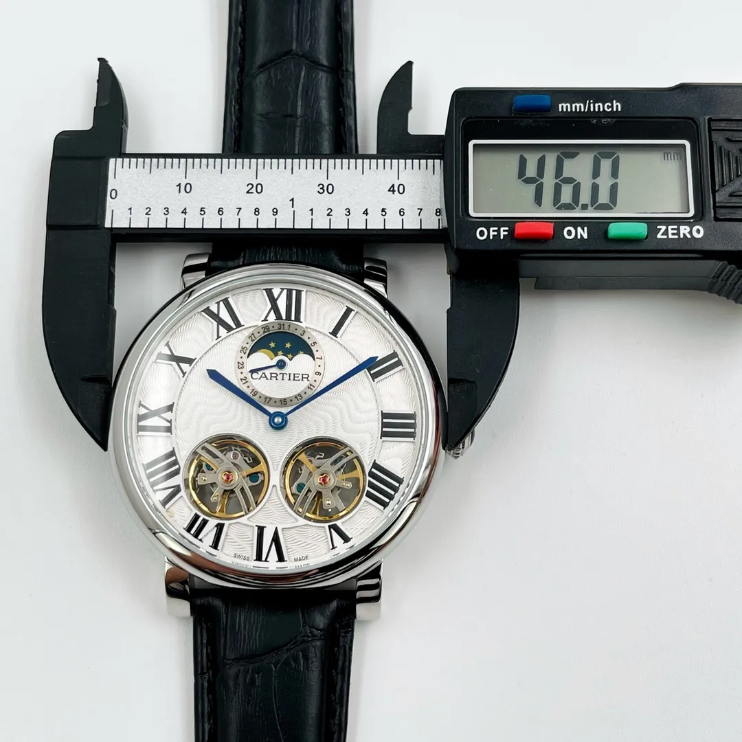 【Foreign Trade Import】💰1720! Cartier - CARTIER (Excellent, Exquisite, Wisdom) Wrist Beauty Style Type: Imported double flywheel moon phase fully automatic mechanical movement, watch 316l stainless steel case, reinforced thickened mirror, cowhide strap with original butterfly buckle, case diameter 46 mm, thickness 13.4 mm (excellent) unique design, exquisite, wise style, noble and generous, aristocratic style