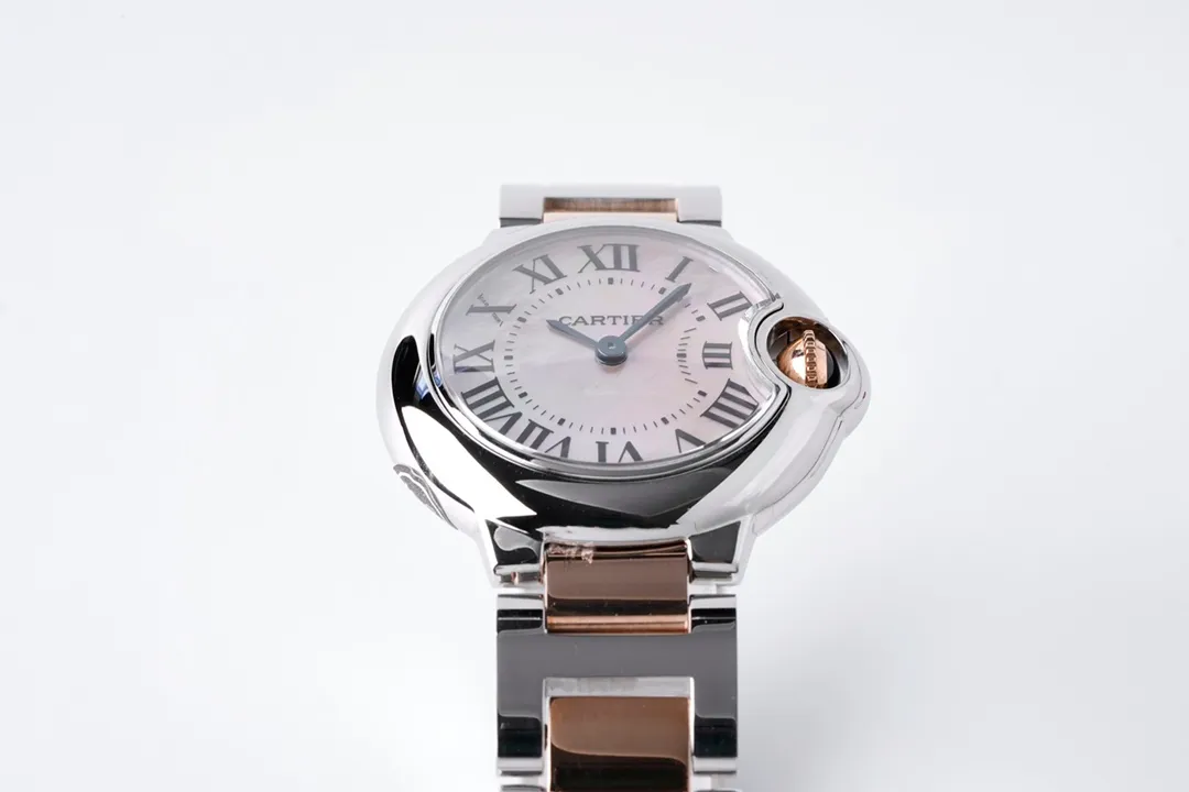 AF's most beautiful replica Cartier 28mm small blue balloon W2BB0009 ladies watch! Super treasure! Original original mother-of-pearl dial! The best one to one reproduction! Extremely exquisite and full of authentic charm! It is a super replica that is difficult to tell whether it is authentic or fake without removing the back cover! AF at all costs! Upgrade and optimize! It adopts Swiss Landa's ""Special Customized Quartz Movement"" and changes the size of the needle axis! So that the original needle can be shared! The appearance is exactly the same as the original product! It is not a fake at first glance from other manufacturers in the market! Refined case, 18k gold plating process! With K gold seal The strap is made of grain! The crown is inlaid with an original spinel, the sapphire fish-eye water drop mirror, and the exquisite crescent mouth! The details are unmatched! At the same time, it is upgraded to a new original authentic tag of one size! No matter the price! The appearance is good! There are not many copies of the same model on the market! First come first!