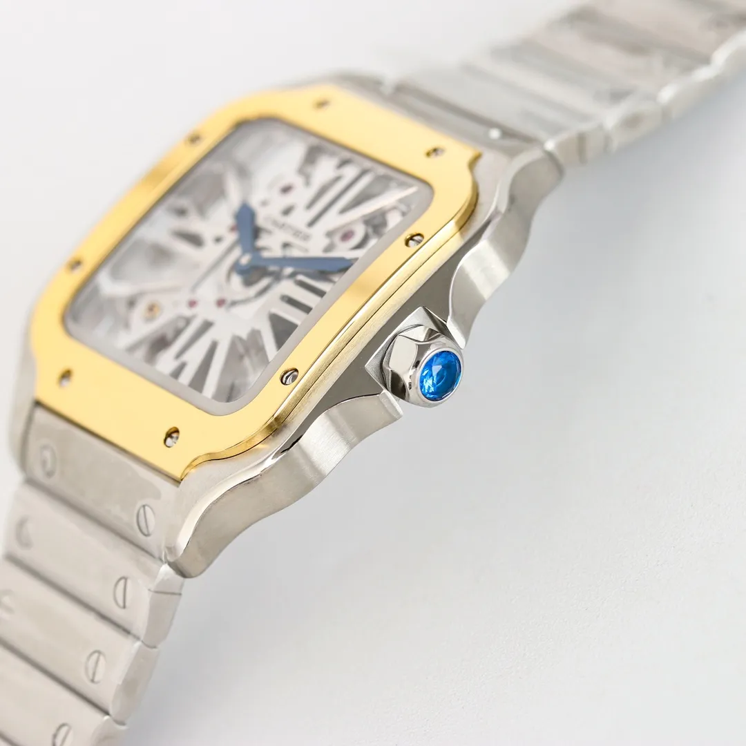 TW is the first to create the most powerful 1:1 top replica Cartier Santos Skeleton Series X43. Parameters are synchronized with the genuine products. Table diameter: 39.8 mm Movement: Swiss Ronda 4S20 modified mechanical movement Case thickness: 9.08 mm Dial color: Skeleton Dial shape: Square SKU: Black Silver silver ring Silver rose ring Silver gold ring Strap color: Black Blue (Imported calfskin) Buckle type: Double folding buckle Back view: back view Mirror: sapphire mirror Hands: blue burnt steel hands Black model uses imported green luminous light Crown: gem-set crown