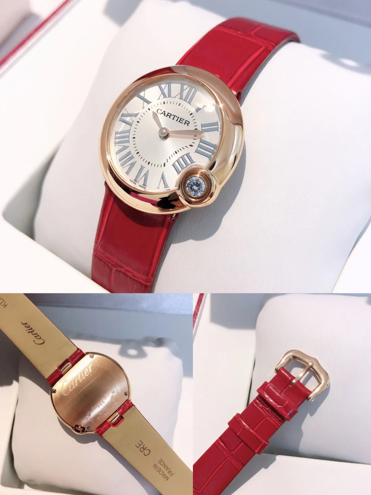 【High-end replica】💰1240! The most whitening balloon Cartier Ballon Blanc de Cartier series! Size 30mm! Counter genuine synchronized version! I fell in love with the white balloon at first sight! "Haze Gray" is super white! The biggest difference between the white balloon and the blue balloon is that there is a rhombus diamond in the fourth position! The low-key leather strap complements the luster of the electroplated 18k rose gold dial! The latest styles from the counter will not be as popular as blue balloons! (1)Swiss Ronda quartz movement➕(2)With fisheye sapphire mirror glass, the crown at 4 o'clock is set with a 0.14 carat diamond! The color perfectly restores the real diamond! Rhombus-shaped diamonds are different from ordinary zircons on the market! (3) Silver Roman font, not blue! The grilled blue needle hands have also been changed to rose gold! (4) We also spend a lot of money on the watch strap to achieve genuine 1:1 quality and match it with Italian cowhide.