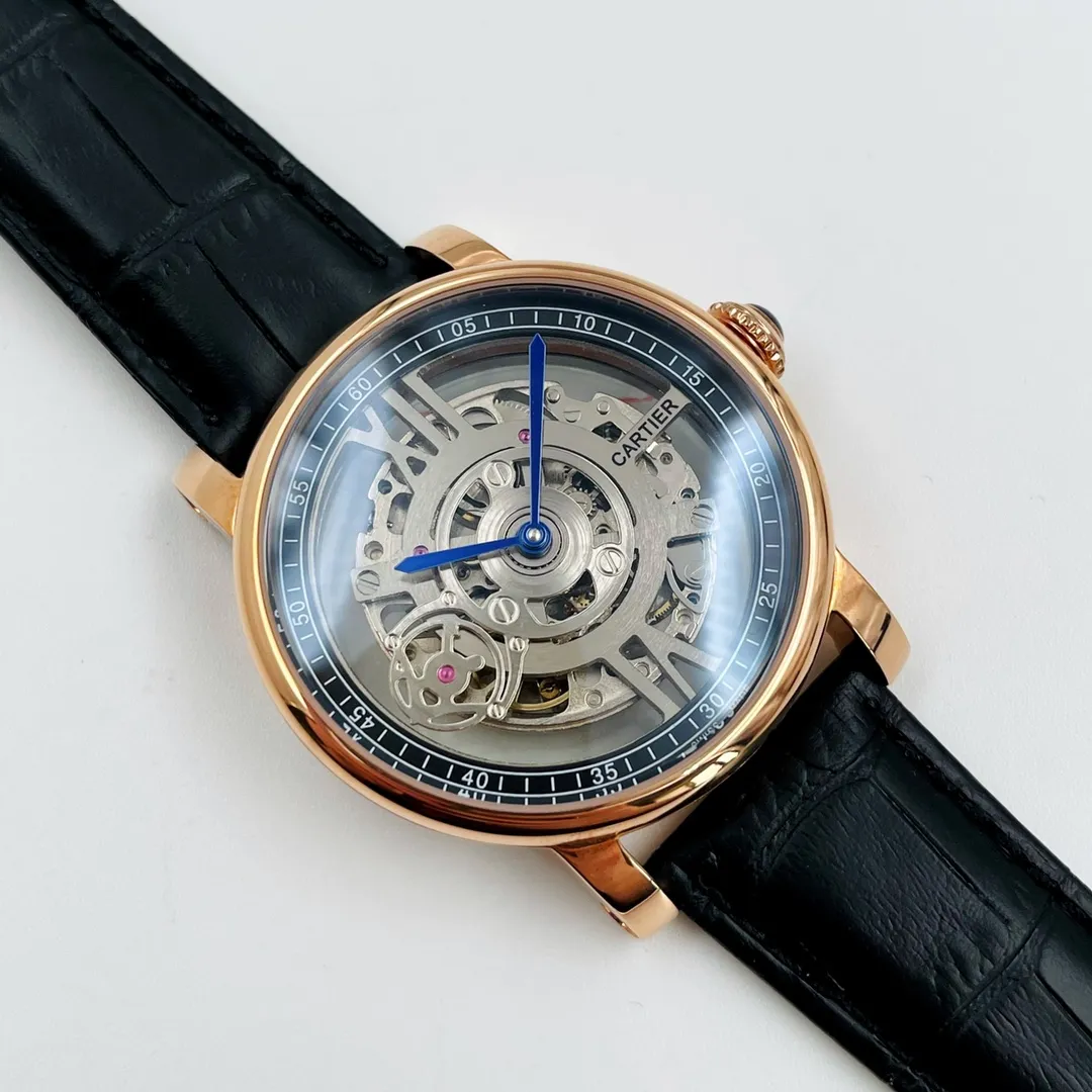 【Foreign trade import】💰1400! Cartier CARTIER Shi Lai Run's unique hollow design, rotating automatic drag in the middle, case size, diameter 42.2mm, thickness 12.9mm, fully automatic imported mechanical movement, arched ruthenium-plated reinforced mirror, 316l stainless steel case, imported cowhide strap with original folding buckle, Z.W's tall design shows your charm.