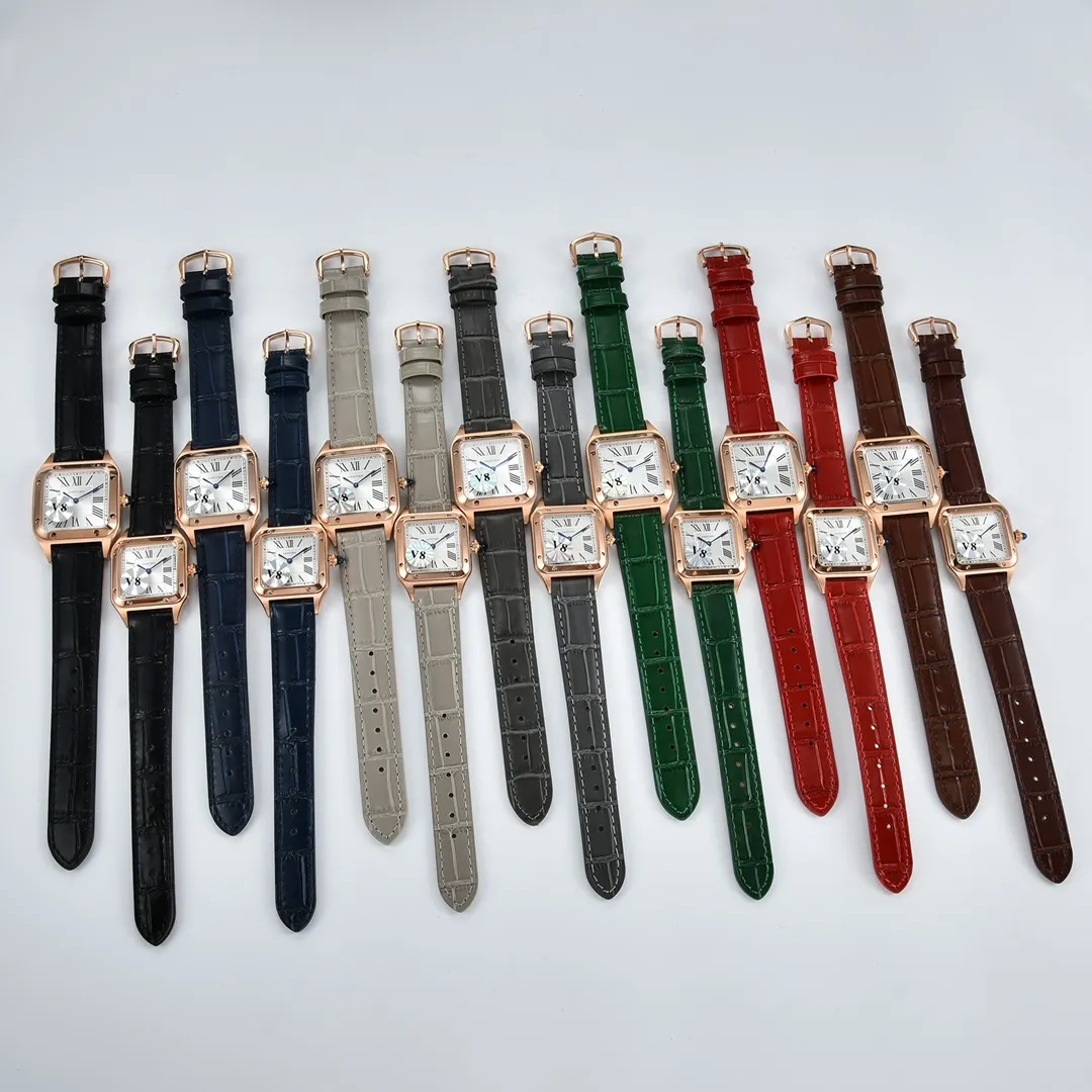 [High-end replica] 💰1120 yuan each! Cartier Santos ultra-thin Dumont series watches, matching watches for couples, unisex models 👫 The workmanship quality of the Taiwan factory is outstanding! Deeply waterproof 👍 Case: 316L stainless steel 3-piece case Glass: Sapphire 💎 crystal mirror Movement: Swiss imported 🇨🇭Swiss quartz Text: Classic Roman numerals, charcoal black, champagne color, sword-shaped blue steel hands Strap: Italian imported first layer 🐂 calfskin strap Buckle: Stainless steel original pin buckle 👍 style buckle Color: dark green blue black gray red Case size: Male (32 mm wide and 43 mm long) Female (28 mm wide and 38 mm long) Thickness: 7 mm.