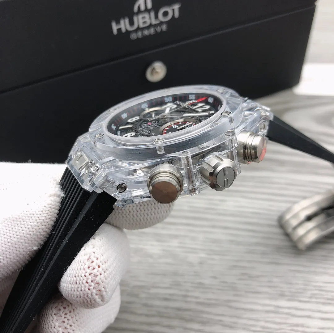 【Top Replica】💰Private chat! Hublot HUBLOT Hublot A42 watch is the best replica of the year - Hublot BIG BANG series 411.JX.4802.RT "fully transparent watch" [Excellent details] 1. Restore the hollow layout of the dragons and phoenixes behind the authentic dial, 2. Use the same acrylic plexiglass as the original for ultimate cloning - completing the impossible task. This material not only has high hardness, but also has excellent physical properties such as corrosion resistance and wear resistance. High-definition scratch-resistant sapphire 💎 glass [Movement function] The diameter of the watch is 45mm. The enhanced version of the chronograph 7750 movement is used to modify the original HUB.1242 core to achieve all functions consistent with formal wear. [Strive for excellence] Go all out, check every level, and try our best to restore every detail of the authentic product while ensuring a perfect "perspective sense". [Gift] Comes with a pair of natural rubber straps of the same style and different colors (can replace the original), the first "fully transparent masterpiece" in the replica industry