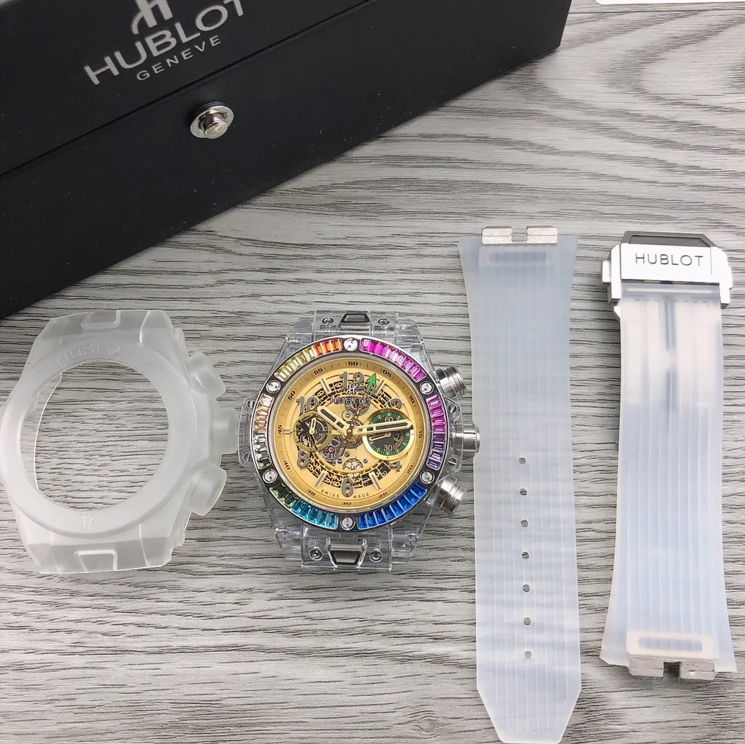 【Top Replica】💰Private chat! Hublot HUBLOT Hublot A42 watch is the best replica of the year - Hublot BIG BANG series 411.JX.4802.RT "fully transparent watch" [Excellent details] 1. Restore the hollow layout of the dragons and phoenixes behind the authentic dial, 2. Use the same acrylic plexiglass as the original for ultimate cloning - completing the impossible task. This material not only has high hardness, but also has excellent physical properties such as corrosion resistance and wear resistance. High-definition scratch-resistant sapphire 💎 glass [Movement function] The diameter of the watch is 45mm. The enhanced version of the chronograph 7750 movement is used to modify the original HUB.1242 core to achieve all functions consistent with formal wear. [Strive for excellence] Go all out, check every level, and try our best to restore every detail of the authentic product while ensuring a perfect "perspective sense". [Gift] Comes with a pair of natural rubber straps of the same style and different colors (can replace the original), the first "fully transparent masterpiece" in the replica industry