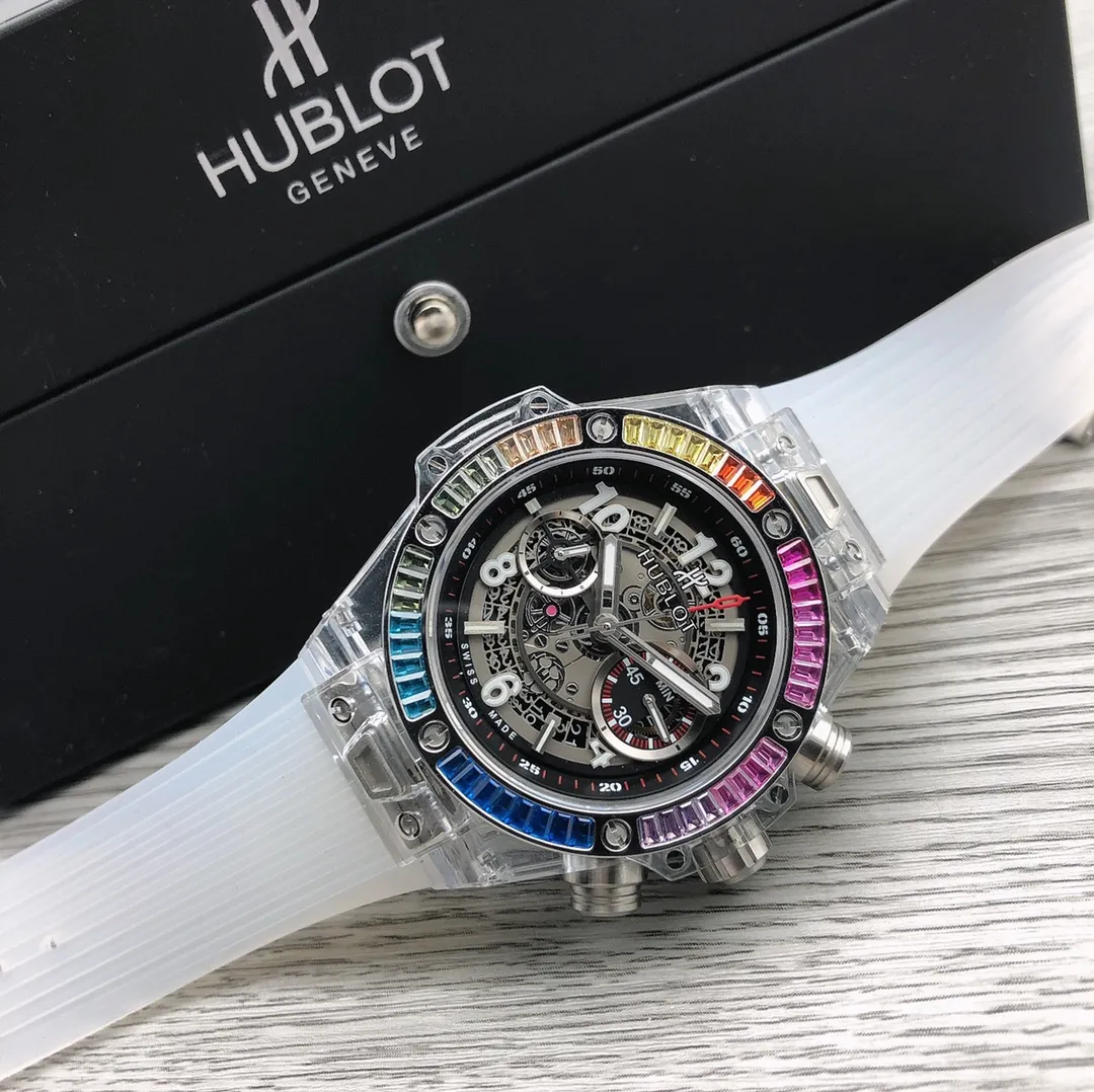 【Top Replica】💰Private chat! Hublot HUBLOT Hublot A42 watch is the best replica of the year - Hublot BIG BANG series 411.JX.4802.RT "fully transparent watch" [Excellent details] 1. Restore the hollow layout of the dragons and phoenixes behind the authentic dial, 2. Use the same acrylic plexiglass as the original for ultimate cloning - completing the impossible task. This material not only has high hardness, but also has excellent physical properties such as corrosion resistance and wear resistance. High-definition scratch-resistant sapphire 💎 glass [Movement function] The diameter of the watch is 45mm. The enhanced version of the chronograph 7750 movement is used to modify the original HUB.1242 core to achieve all functions consistent with formal wear. [Strive for excellence] Go all out, check every level, and try our best to restore every detail of the authentic product while ensuring a perfect "perspective sense". [Gift] Comes with a pair of natural rubber straps of the same style and different colors (can replace the original), the first "fully transparent masterpiece" in the replica industry