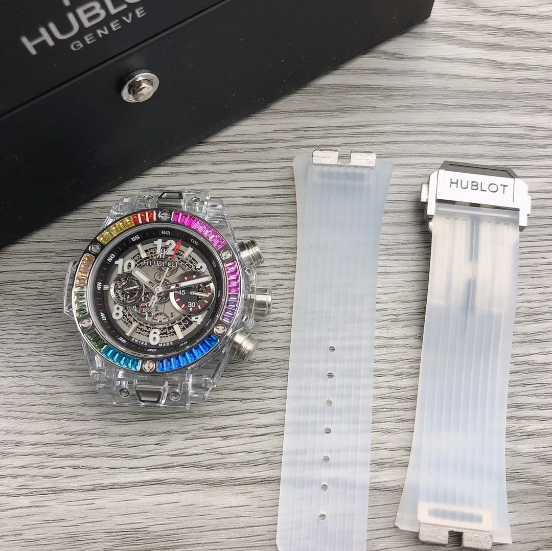 【Top Replica】💰Private chat! Hublot HUBLOT Hublot A42 watch is the best replica of the year - Hublot BIG BANG series 411.JX.4802.RT "fully transparent watch" [Excellent details] 1. Restore the hollow layout of the dragons and phoenixes behind the authentic dial, 2. Use the same acrylic plexiglass as the original for ultimate cloning - completing the impossible task. This material not only has high hardness, but also has excellent physical properties such as corrosion resistance and wear resistance. High-definition scratch-resistant sapphire 💎 glass [Movement function] The diameter of the watch is 45mm. The enhanced version of the chronograph 7750 movement is used to modify the original HUB.1242 core to achieve all functions consistent with formal wear. [Strive for excellence] Go all out, check every level, and try our best to restore every detail of the authentic product while ensuring a perfect "perspective sense". [Gift] Comes with a pair of natural rubber straps of the same style and different colors (can replace the original), the first "fully transparent masterpiece" in the replica industry