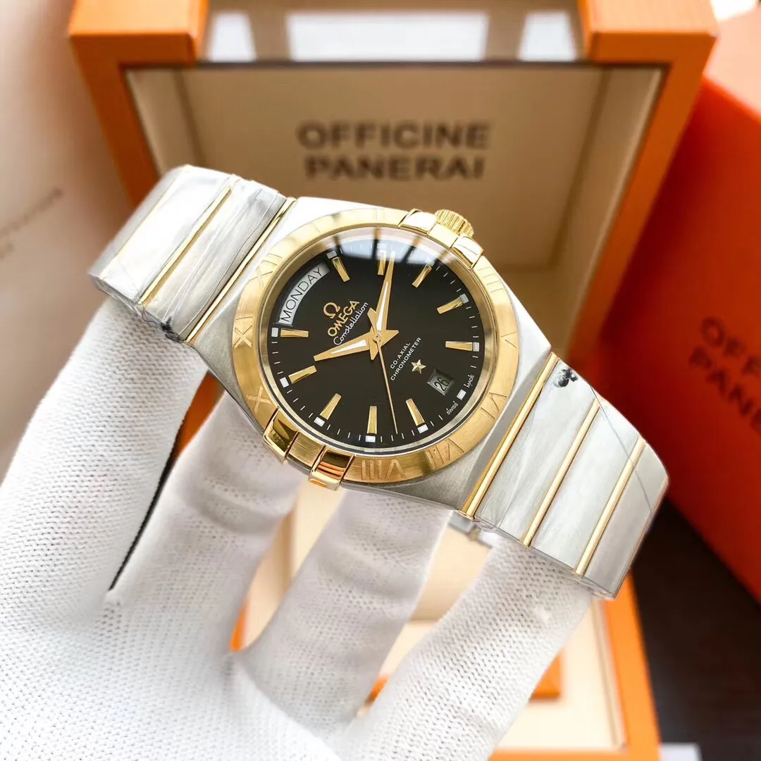 【Foreign trade import】💰1280! Omega -Omega)‼ ️Constellation series automatic mechanical men's watch with a diameter of 38mm. The week calendar watch is equipped with a new customized imported fully automatic movement with a day calendar display and instant jump function. The calendar window and day window are located at 6 o'clock and 12 o'clock respectively. The frosted case of the watch has polished claws, and the Roman numeral hour markers on the frosted bezel are inlaid with brilliant-cut diamonds, which are dazzling. Top-quality products are constantly produced🔥