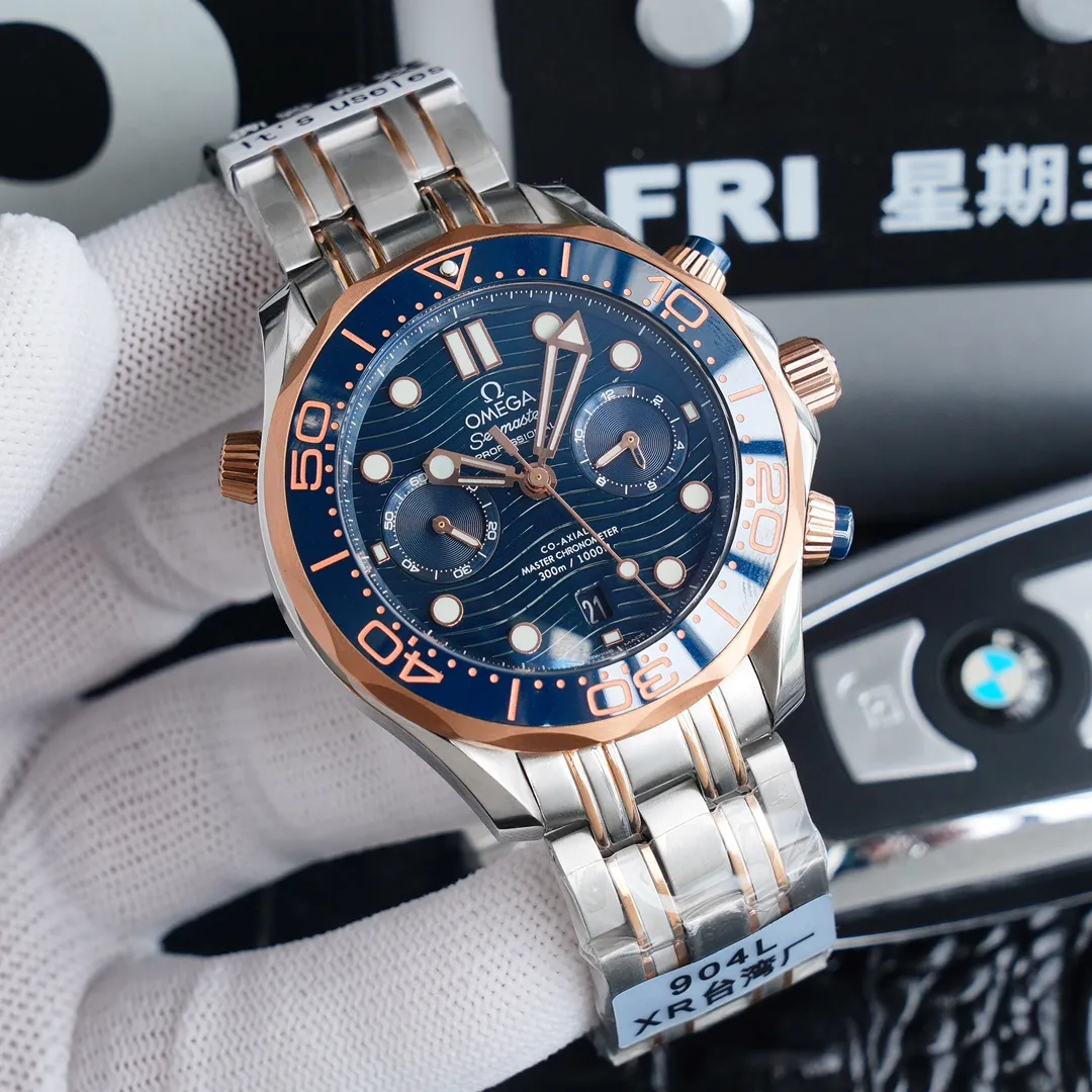 [New product from Taiwan factory] Omega's new Seamaster Series 300 Chronograph Men's Watch, the highest version of the chronograph watch on the market 1: The case body is brushed, fine, white and bright, the beveled edges are polished and the curved chamfers are consistent with the original 2: Equipped with a replica Omega 9900 chronograph movement, the same as the original black balance wheel, 904 stainless steel case 44mm, natural imported rubber strap, the strap is interchangeable with the original 3: The scales and words on the ceramic ring are made of "white enamel" technology, which is not easy to turn yellow and is shiny. 4: The mirror surface is made of imported sapphire, which has high hardness, scratch resistance and extremely transparent effect. 5: The unique porcelain plate is equipped with hour markers carefully made of 18k white gold. 6: The luminous material is made of Swiss Super-lumiNova c3 non-radioactive super luminous material; Omega's unique design, hour and minute hands are luminous beads with two-color luminous 7: The craftsmanship is complex and ingenious. Genuine 1:1 mold opening. Because of the care, it is professional. You deserve it. ⚠️Please look for exclusive quality
