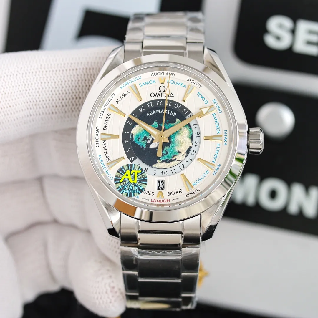 Omega Seamaster Boutique [Highest Quality Version] 🐲On the 15th anniversary of the launch of the Aqua Terra series, Omega has specially released a new world time watch [Size]: 43mm [Same size as the original] [Movement]: 2836 movement changed to Caliber 8939 [Different from the ordinary version on the market, the world time can be adjusted individually and quickly] [Mirror]: Sapphire crystal glass Air double-layer colorless coating [Air coating makes the mirror surface more transparent, and the time can still be read under strong light] [Case]: 316L stainless steel case, all details are processed by CNC [Pointer]: Stainless steel polished pointer {No copper embryo pointers are used, because the polished stainless steel pointer does not require electroplating after treatment, which makes the process difficult and costly. But the three-dimensional effect is extremely strong. The polished cut surface is smoother [Dial]: All textures are formed in one piece, fully reflecting its three-dimensional effect. It is composed of multi-layered dials that are overlapped and fixed. The northern hemisphere world time in the center of the dial is fired with enamel technology. The overall dial presentation is very perfect. [Strap]: Italy is comparable to crocodile skin texture. Currently, we are the only one who can do it. The original one reaches the interchange level. [Button]: The first Omega double-press butterfly buckle, original mold opening [Watchmaking process] From the finalization of the plan to the finished product, it took 18 months of repeated research and experiments, not for the fastest, but for the ultimate.
