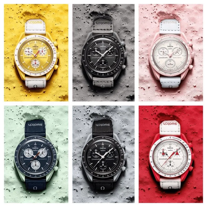 [Original order quality] 💰700! 【Purchasing quality】💰960! Omega co-branded Swatch, the top version on the market, made of real bioceramic material! Distinguish low-end products in the market! OMEGAxSWATCH Omega x Swatch joint model BIOCERAMIC MOONSWATCH joint watch, this series of watches has a total of 11 models, all named after planetary bodies. They are: Mission to the Sun (gold) Mission to Mercury (dark gray) Mission to Venus (pink) Mission to Earth (blue) Mission to the Moon (black) Mission to Mars (white) Mission to Jupiter (bronze) Mission to Saturn (beige) Mission to Uranus (light blue) Mission to Neptune (dark blue) Mission to Pluto (grey) Each one represents the characteristics of a different planet and uses its elements to decorate the dial, making people want to collect the entire series at once.  Swiss quartz machine, size 42mm. The Velcro strap is waterproof and easy to wear. It is worth buying. It can be collected and given as a gift. It has 11 colors and represents the 11 planets in the universe. The colors are bright and this summer accessory is a must-have!