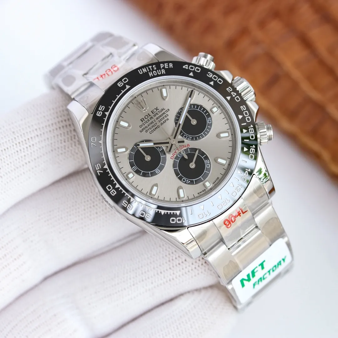 NFT super masterpiece 12.3 thickness Factory C copy Rolex Cosmograph Daytona A new version is coming 1: The new version uses 904L stainless steel case buckle, making it more cost-effective than the common version on the market. 2: The movement timing scheme has been perfectly revised, using the Dandong chronograph movement with the best reputation at present to update the thickness and solve the "castration timing" shortcomings of the previous version, and adjust the time in one gear Excluding gaps, the timing function is consistent with the original, and the measured thickness is 12.3mm. 3: The entire watch scale and three-dimensional hands are deeply polished, super Swiss luminous fills the small eyes with a solid effect, uses the most praised CLEAN ceramic ring, and is the only oysterflex tape on the market that uses ultra-thin metal steel sheets that are consistent with the genuine quality. Perfectly correcting the shortcomings and defects of all copies in the past ten years, the shell and text colors are more delicate to create a visual effect consistent with the original. NFT brainstorms and consults the precious opinions of the majority of watch friends to redefine the highest quality Daytona copy. The real C factory copy Rolex Daytona [Super cost-effective] [Produced by NFT]
