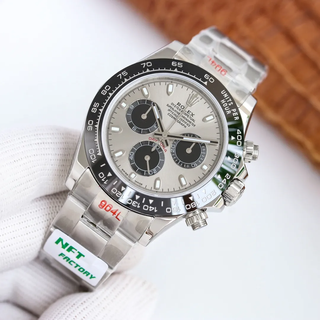 NFT super masterpiece 12.3 thickness Factory C copy Rolex Cosmograph Daytona A new version is coming 1: The new version uses 904L stainless steel case buckle, making it more cost-effective than the common version on the market. 2: The movement timing scheme has been perfectly revised, using the Dandong chronograph movement with the best reputation at present to update the thickness and solve the "castration timing" shortcomings of the previous version, and adjust the time in one gear Excluding gaps, the timing function is consistent with the original, and the measured thickness is 12.3mm. 3: The entire watch scale and three-dimensional hands are deeply polished, super Swiss luminous fills the small eyes with a solid effect, uses the most praised CLEAN ceramic ring, and is the only oysterflex tape on the market that uses ultra-thin metal steel sheets that are consistent with the genuine quality. Perfectly correcting the shortcomings and defects of all copies in the past ten years, the shell and text colors are more delicate to create a visual effect consistent with the original. NFT brainstorms and consults the precious opinions of the majority of watch friends to redefine the highest quality Daytona copy. The real C factory copy Rolex Daytona [Super cost-effective] [Produced by NFT]